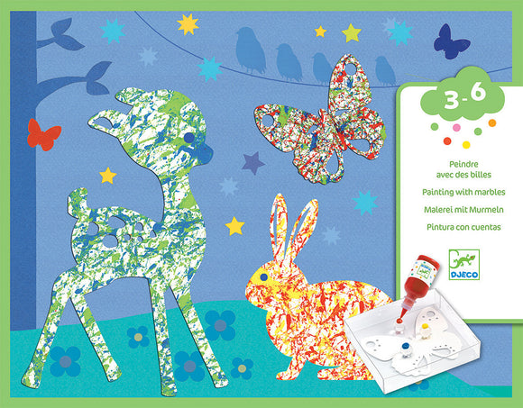 Colorful Parade Marble Painting Kit by DJECO for ages 3 to 6. The kit includes vibrant marbles for painting playful animal shapes like a deer, rabbit, and butterfly on a colorful background. Ideal for creative hands-on art activities, encouraging imagination and fine motor skills in young children.