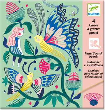 The product 'Fantasy Garden Scratch Cards' by DJECO features four beautifully illustrated pastel scratch boards. The design includes whimsical elements like a girl, vibrant butterflies, and lush flowers, encouraging creativity and imaginative play. Each card offers a unique scene to reveal through scratching, making it a delightful DIY art project for children.