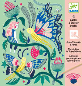 Fantasy Garden Scratch Cards by DJECO featuring whimsical illustrations of a girl, colorful butterflies, and lush plants on a pastel-colored background. The kit includes scratch boards and tools for creative DIY projects.