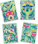 A vibrant set of Fantasy Garden Scratch Cards by DJECO, featuring colorful illustrations of whimsical flowers, butterflies, and playful characters. Each card showcases intricate designs full of life and creativity, perfect for kids to explore their artistic side and discover hidden images.