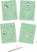 A set of Fantasy Garden Scratch Cards by DJECO. The image features four beautifully illustrated scratch cards with whimsical designs of flowers, plants, and enchanting characters, alongside a wooden scratch stick. Ideal for creative play and art activities.