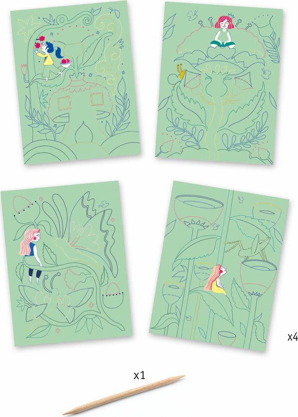 A set of Fantasy Garden Scratch Cards by DJECO. The image features four beautifully illustrated scratch cards with whimsical designs of flowers, plants, and enchanting characters, alongside a wooden scratch stick. Ideal for creative play and art activities.