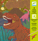 The 'When Dinosaurs Reigned Scratch' kit by DJECO features four vibrant scratch boards. The illustration includes a fierce dinosaur, lush vegetation, and a pale pink dinosaur in a mountainous, colorful landscape. Perfect for creative play and exploring the prehistoric world.