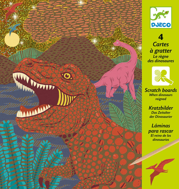 The 'When Dinosaurs Reigned Scratch' kit by DJECO features four vibrant scratch boards. The illustration includes a fierce dinosaur, lush vegetation, and a pale pink dinosaur in a mountainous, colorful landscape. Perfect for creative play and exploring the prehistoric world.