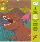 When Dinosaurs Reigned Scratch by DJECO features a vibrant box design showcasing a detailed illustration of a roaring T-Rex with colorful plant life and a background of mountains and clouds. The kit includes scratch boards that allow children to create their own dinosaur-themed artwork.