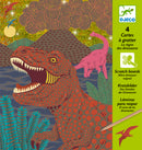 DJECO When Dinosaurs Reigned Scratch set includes four colorful scratch boards featuring dinosaurs in a vibrant prehistoric landscape. Each board showcases a T-Rex and a pink dinosaur with sparkling details against a backdrop of mountains and foliage. Perfect for creative kids who enjoy DIY projects.