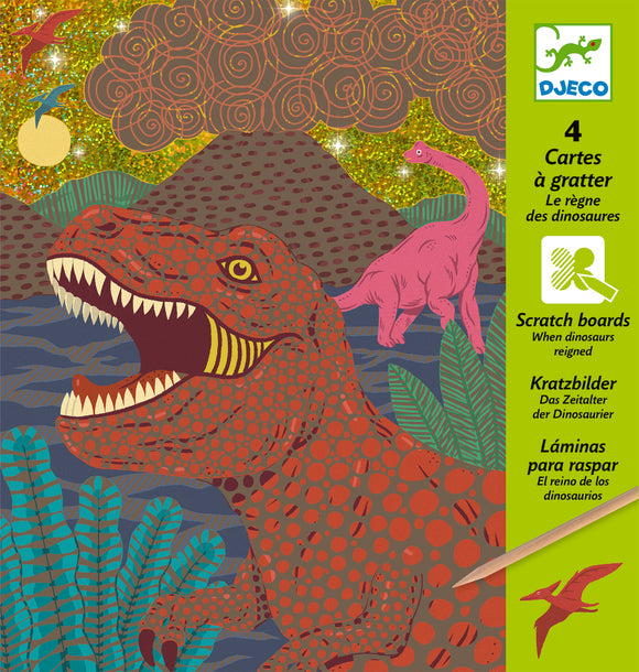 DJECO When Dinosaurs Reigned Scratch set includes four colorful scratch boards featuring dinosaurs in a vibrant prehistoric landscape. Each board showcases a T-Rex and a pink dinosaur with sparkling details against a backdrop of mountains and foliage. Perfect for creative kids who enjoy DIY projects.