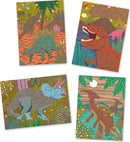 A vibrant DIY kit, 'When Dinosaurs Reigned Scratch' by DJECO, featuring four colorful illustrations of dinosaurs set in lush prehistoric landscapes, perfect for creative play and exploration.