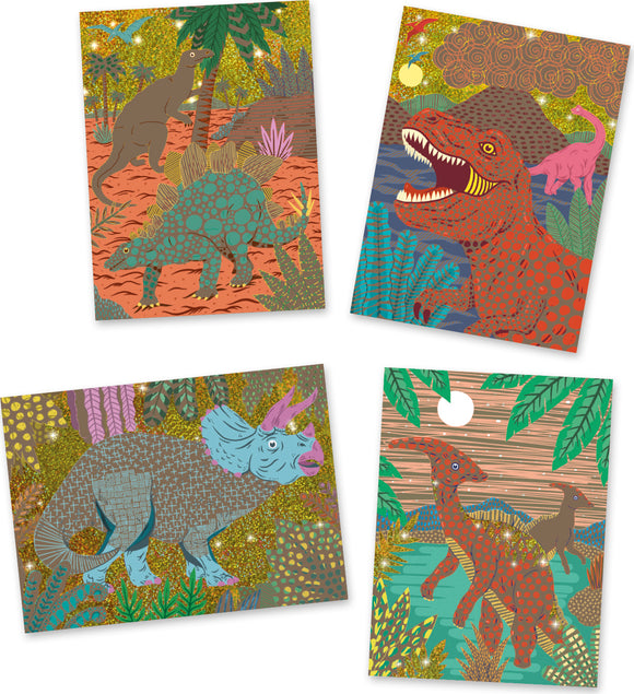 A vibrant DIY kit, 'When Dinosaurs Reigned Scratch' by DJECO, featuring four colorful illustrations of dinosaurs set in lush prehistoric landscapes, perfect for creative play and exploration.