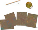 When Dinosaurs Reigned Scratch DIY kit by DJECO. Includes 4 illustrated cards featuring colorful dinosaur designs and a wooden scratching tool. Instructions for creating vibrant art on the cards are also included, complemented by metallic glitter for added sparkle.
