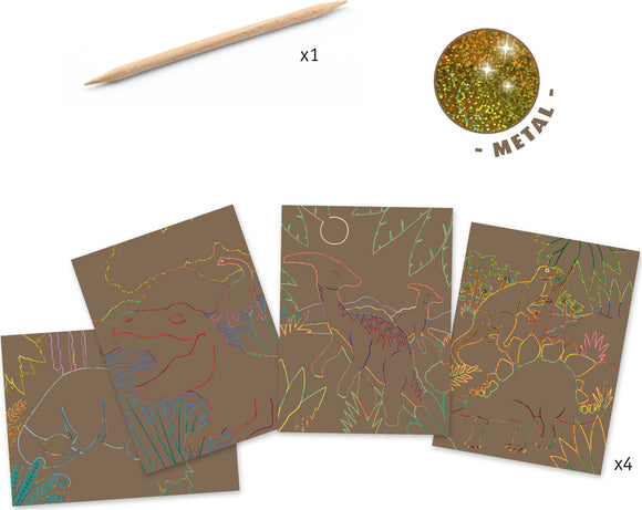 When Dinosaurs Reigned Scratch DIY kit by DJECO. Includes 4 illustrated cards featuring colorful dinosaur designs and a wooden scratching tool. Instructions for creating vibrant art on the cards are also included, complemented by metallic glitter for added sparkle.