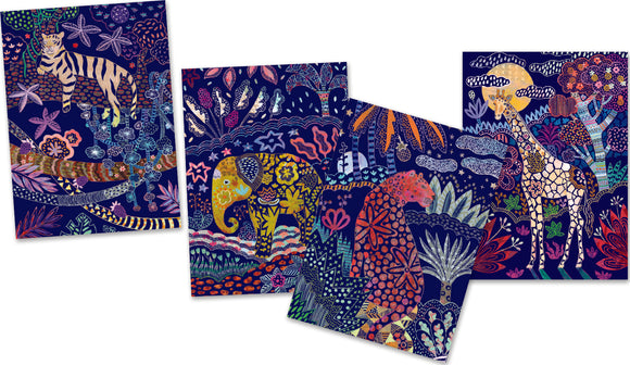 A vibrant set of four scratch cards featuring beautifully illustrated animals such as a tiger, elephant, leopard, and giraffe, set against a dark blue background filled with colorful flowers and foliage. Each card showcases intricate patterns and whimsical nature designs, making them perfect for creative expression.