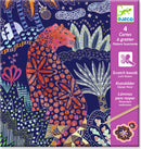 DJECO Lush Nature Scratch Cards featuring vibrant illustrations of a leopard surrounded by colorful plants and flowers. The package showcases scratch-off boards that allow creative expression.