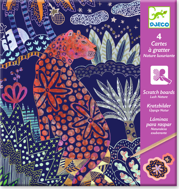 DJECO Lush Nature Scratch Cards featuring vibrant illustrations of a leopard surrounded by colorful plants and flowers. The package showcases scratch-off boards that allow creative expression.
