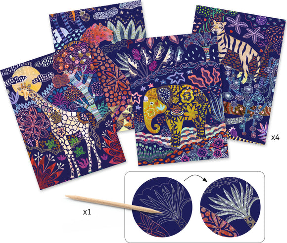 Lush Nature Scratch Cards by DJECO, featuring colorful scratch-off designs of wildlife and plants including giraffes, elephants, and tigers. Comes with a wooden stylus for creating art by revealing vibrant colors underneath the top layer.