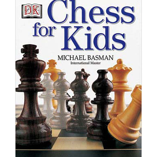 Cover of the book 'Chess for Kids' by Michael Basman, featuring a colorful chessboard with various wooden chess pieces, showcasing a blend of light and dark colors. The title is prominently displayed at the top in bold letters.