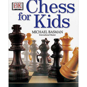 Cover of the book 'Chess for Kids' by Michael Basman, featuring a colorful chessboard with various wooden chess pieces, showcasing a blend of light and dark colors. The title is prominently displayed at the top in bold letters.