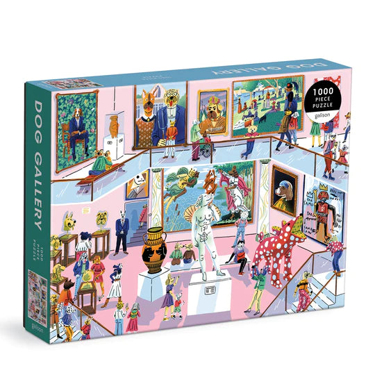 Galison's Dog Gallery jigsaw puzzle features 1000 colorful pieces depicting a whimsical art gallery scene with dogs dressed in various costumes enjoying the artwork. The vibrant illustrations showcase various dog breeds and artistic styles, making it a fun and engaging puzzle experience for dog lovers and puzzle enthusiasts.
