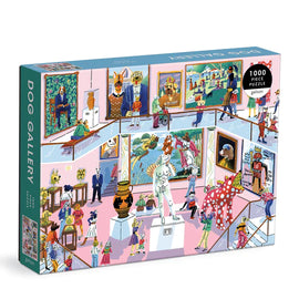 Galison's Dog Gallery jigsaw puzzle features 1000 colorful pieces depicting a whimsical art gallery scene with dogs dressed in various costumes enjoying the artwork. The vibrant illustrations showcase various dog breeds and artistic styles, making it a fun and engaging puzzle experience for dog lovers and puzzle enthusiasts.