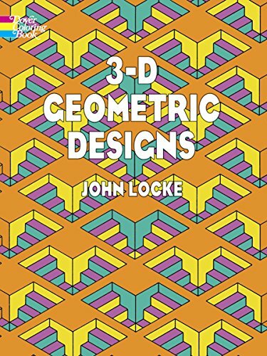 Colorful and intricate cover of '3-D Geometric Designs' by John Locke, featuring a repetitive pattern of 3D geometric shapes in vibrant colors against an orange background. Ideal for coloring and creativity.