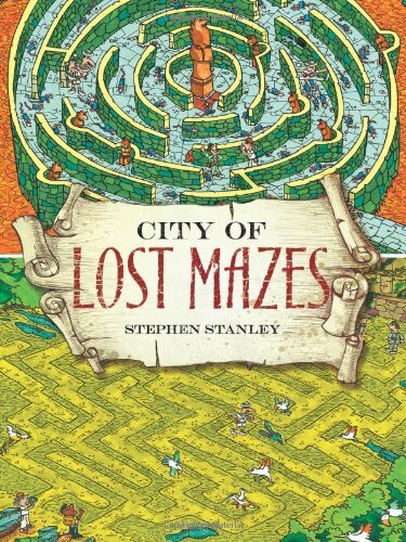 A colorful book cover titled 'City of Lost Mazes' by Stephen Stanley, featuring intricate illustrations of various mazes, labyrinths, and whimsical characters navigating through them. The artwork showcases a vibrant landscape with a mix of greenery, pathways, and scenes of exploration, enticing readers into a world of adventure and puzzles.