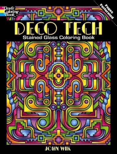 Cover of the Deco Tech Stained Glass Coloring Book by Dover Publications. The design features intricate stained glass patterns in vibrant colors, including greens, yellows, and reds. The title is prominently displayed in bold letters at the top with the author's name, John Wik, at the bottom. Ideal for coloring enthusiasts looking for detailed and artistic scenes to bring to life.