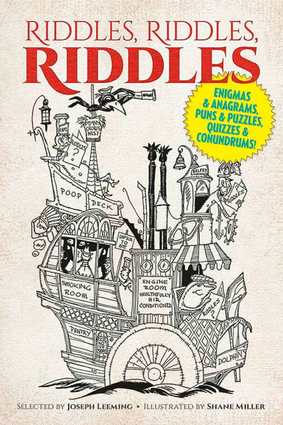 The cover of 'Riddles, Riddles, Riddles' by Dover Publications features whimsical illustrations of a ship with various rooms labeled like 'Smoking Room' and 'Engine Room.' The design is playful, showcasing elements of humor and intrigue associated with riddles, enigmas, puns, and puzzles, all framed in a colorful aesthetic.