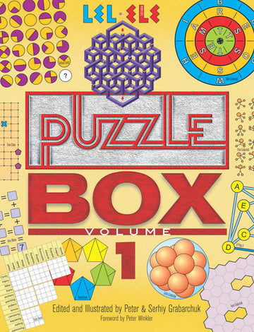 Cover of Puzzle Box Volume 1 by Dover Publications, featuring colorful geometric patterns, puzzles, and various illustrations. The title is prominently displayed in bold red text, with a bright yellow background accentuating the intricate designs.
