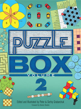 Cover of Puzzle Box Volume 2 by Dover Publications, featuring colorful illustrations of various puzzles, including mathematical patterns, shapes, and games. The title is prominently displayed in blue, with a playful layout of cars and geometric designs around it.