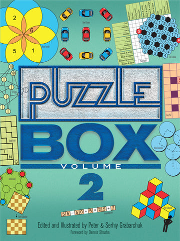 Cover of Puzzle Box Volume 2 by Dover Publications, featuring colorful illustrations of various puzzles, including mathematical patterns, shapes, and games. The title is prominently displayed in blue, with a playful layout of cars and geometric designs around it.