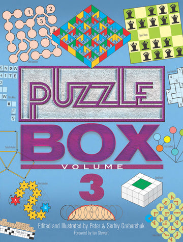 Puzzle Box Volume 3 by Dover Publications, featuring a vibrant cover filled with various puzzle designs, including grids, geometric shapes, and playful patterns. The title 'PUZZLE BOX' is prominently displayed in bold letters, surrounded by colorful illustrations that engage the viewer's curiosity about the puzzles inside.