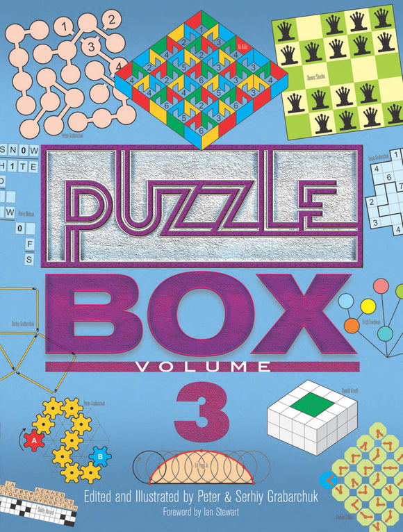 Puzzle Box Volume 3 by Dover Publications, featuring a vibrant cover filled with various puzzle designs, including grids, geometric shapes, and playful patterns. The title 'PUZZLE BOX' is prominently displayed in bold letters, surrounded by colorful illustrations that engage the viewer's curiosity about the puzzles inside.