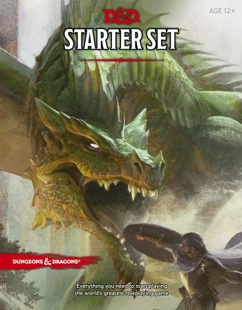 Dungeons & Dragons Starter Set by Wizards of the Coast - Hasbro. The cover features a fierce dragon and a cloaked figure ready for adventure. Ideal for beginners to dive into the world of tabletop role-playing games.