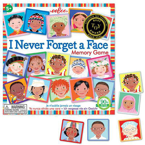 The I Never Forget a Face Memory Game by Eeboo features a colorful box showcasing various cartoon faces of children from different backgrounds. The game includes pairs of illustrated cards, promoting memory skills and cultural awareness. It is suitable for ages 5 and up and is recognized with a Best Toy Award.