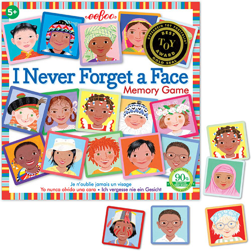I Never Forget a Face Matching Game by Eeboo features colorful cards depicting diverse faces. Ideal for developing memory skills and promoting inclusivity, suitable for ages 5 and up. The game includes 90 cards and enhances social interaction.