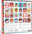 I Never Forget a Face Matching Game by Eeboo features colorful illustrations of children from various countries for a classic memory and concentration game. The packaging shows a grid of faces representing diversity, ideal for engaging family and friends in fun, educational play. Directions for gameplay are printed on the back, with instructions available in different languages.