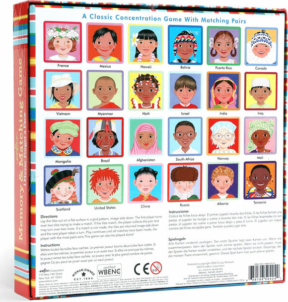 I Never Forget a Face Matching Game by Eeboo features colorful illustrations of children from various countries for a classic memory and concentration game. The packaging shows a grid of faces representing diversity, ideal for engaging family and friends in fun, educational play. Directions for gameplay are printed on the back, with instructions available in different languages.