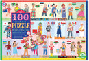 Eeboo Children of the World 100-piece jigsaw puzzle featuring children from various countries, showcasing cultural attire and flags. The puzzle measures 18 x 27 inches and is designed for ages 5 and up. Ideal for family fun and educational play, encouraging cultural awareness.