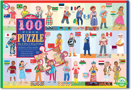 Eeboo Children of the World 100-piece jigsaw puzzle featuring children from various countries, showcasing cultural attire and flags. The puzzle measures 18 x 27 inches and is designed for ages 5 and up. Ideal for family fun and educational play, encouraging cultural awareness.