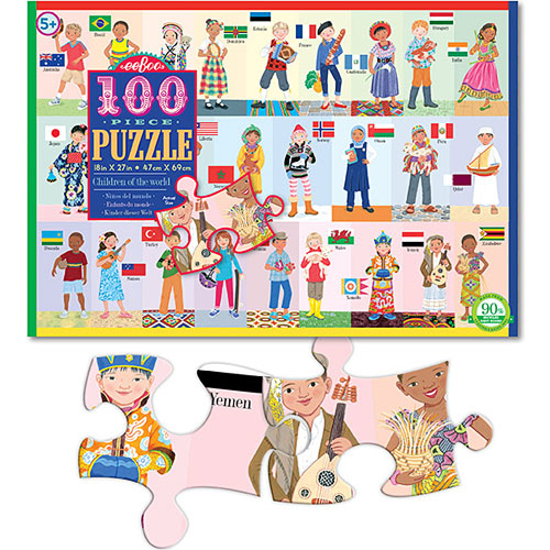 Eeboo's Children of the World 100-piece jigsaw puzzle featuring colorful illustrations of children in traditional attire from various countries. The box shows flags from different nations and a sample piece of the puzzle highlighting the diverse cultures represented in the artwork. Perfect for ages 5 and up, this engaging puzzle promotes cultural awareness and storytelling through play.