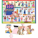Eeboo's Children of the World 100-piece jigsaw puzzle featuring colorful illustrations of children in traditional attire from various countries. The box shows flags from different nations and a sample piece of the puzzle highlighting the diverse cultures represented in the artwork. Perfect for ages 5 and up, this engaging puzzle promotes cultural awareness and storytelling through play.