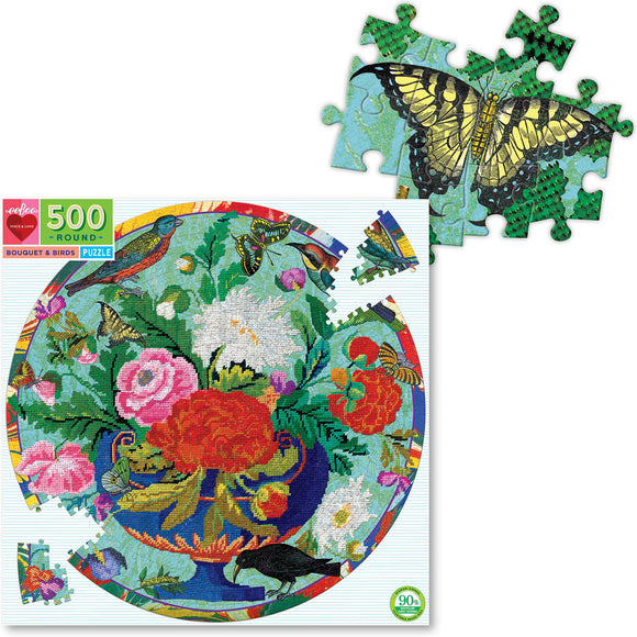 Eeboo's Bouquet & Birds jigsaw puzzle featuring a vibrant circular floral design with various colored flowers and birds, showcasing detailed illustrations and bright colors. A few puzzle pieces are displayed to indicate the puzzle style and design.