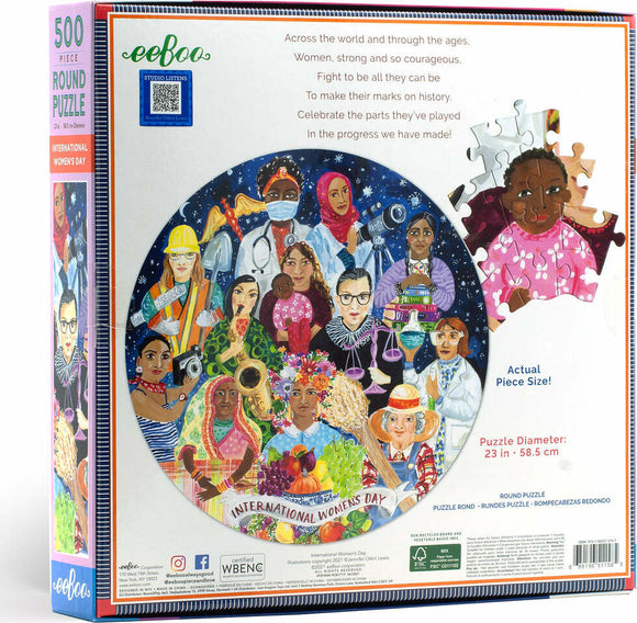A vibrant and colorful 500-piece round jigsaw puzzle titled 'International Women's Day' by Eeboo. The design features a diverse group of women representing various professions and cultures, showcasing strength and unity. The puzzle design includes elements such as fruit, a medical scene, and artistic motifs, highlighting women's contributions throughout history. The box displays the puzzle's diameter of 23 inches (58.5 cm) and a message that celebrates women's achievements.