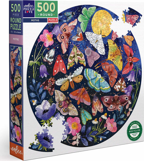 The Eeboo 'Pebbles' Jigsaw Puzzle features a vibrant, round 500-piece design showcasing a stunning array of colorful moths and flowers against a dark blue background. The puzzle pieces are intricately cut, creating a captivating image that combines nature's beauty with the challenge of puzzling. Ideal for both children and adults, this eco-friendly puzzle promises hours of engaging entertainment and relaxation.