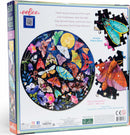 Eeboo's Pebbles jigsaw puzzle featuring a vibrant circular design filled with colorful moths, butterflies, and flowers against a dark background. The puzzle contains 500 pieces, with a diameter of 23 inches (58.5 cm). The back of the box includes an artistic depiction of actual puzzle pieces and informative text about moths that thrive in darkness.