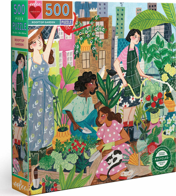 Rooftop Garden jigsaw puzzle by Eeboo featuring a vibrant illustration of women gardening on a rooftop. Lush plants, flowers, and city buildings create a lively scene, perfect for puzzle enthusiasts.