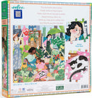 The Rooftop Garden jigsaw puzzle by Eeboo features a colorful and lively illustration of people tending to plants on a rooftop garden above a bustling city. The scene includes various types of greenery, gardening tools, and cheerful characters engaged in the activity of gardening, all set against a backdrop of skyscrapers and city life. This 500-piece puzzle is designed to provide a delightful and engaging experience for puzzlers of all ages.
