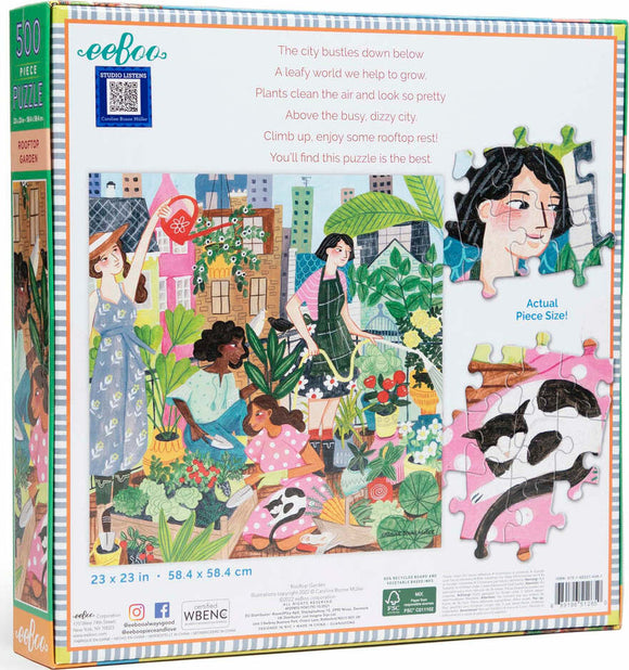 The Rooftop Garden jigsaw puzzle by Eeboo features a colorful and lively illustration of people tending to plants on a rooftop garden above a bustling city. The scene includes various types of greenery, gardening tools, and cheerful characters engaged in the activity of gardening, all set against a backdrop of skyscrapers and city life. This 500-piece puzzle is designed to provide a delightful and engaging experience for puzzlers of all ages.