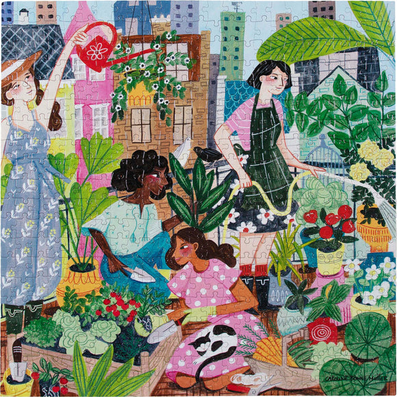 A colorful jigsaw puzzle titled 'Rooftop Garden' by Eeboo, depicting four women engaged in gardening activities on a rooftop. The scene features a variety of plants in pots, vibrant flowers, and gardening tools. The women are dressed in casual clothing, showcasing their diverse styles as they water plants, tend to greenery, and enjoy a sunny day surrounded by city buildings in the background.