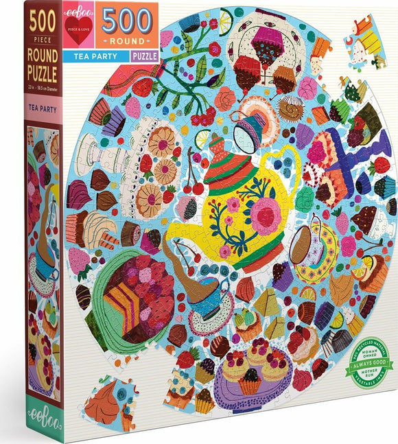 eeBoo's Tea Party jigsaw puzzle featuring a vibrant and colorful illustration of a tea party scene. The circular puzzle shows an array of delicious desserts, tea pots, and floral designs, all creatively arranged in a fun, inviting layout. It contains 500 pieces and is designed for puzzlers of various ages.